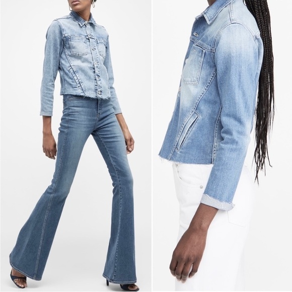 NWT L'AGENCE 90s Distressed Vintage Wash Denim Raw Hem Crop Slim Jean Jacket XS - Picture 9 of 16